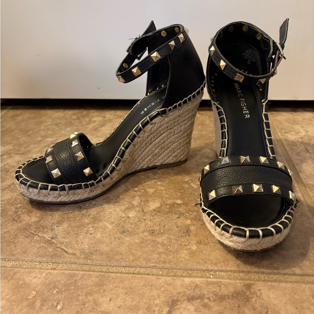 Marc Fisher Black and Tan Studded Wedges